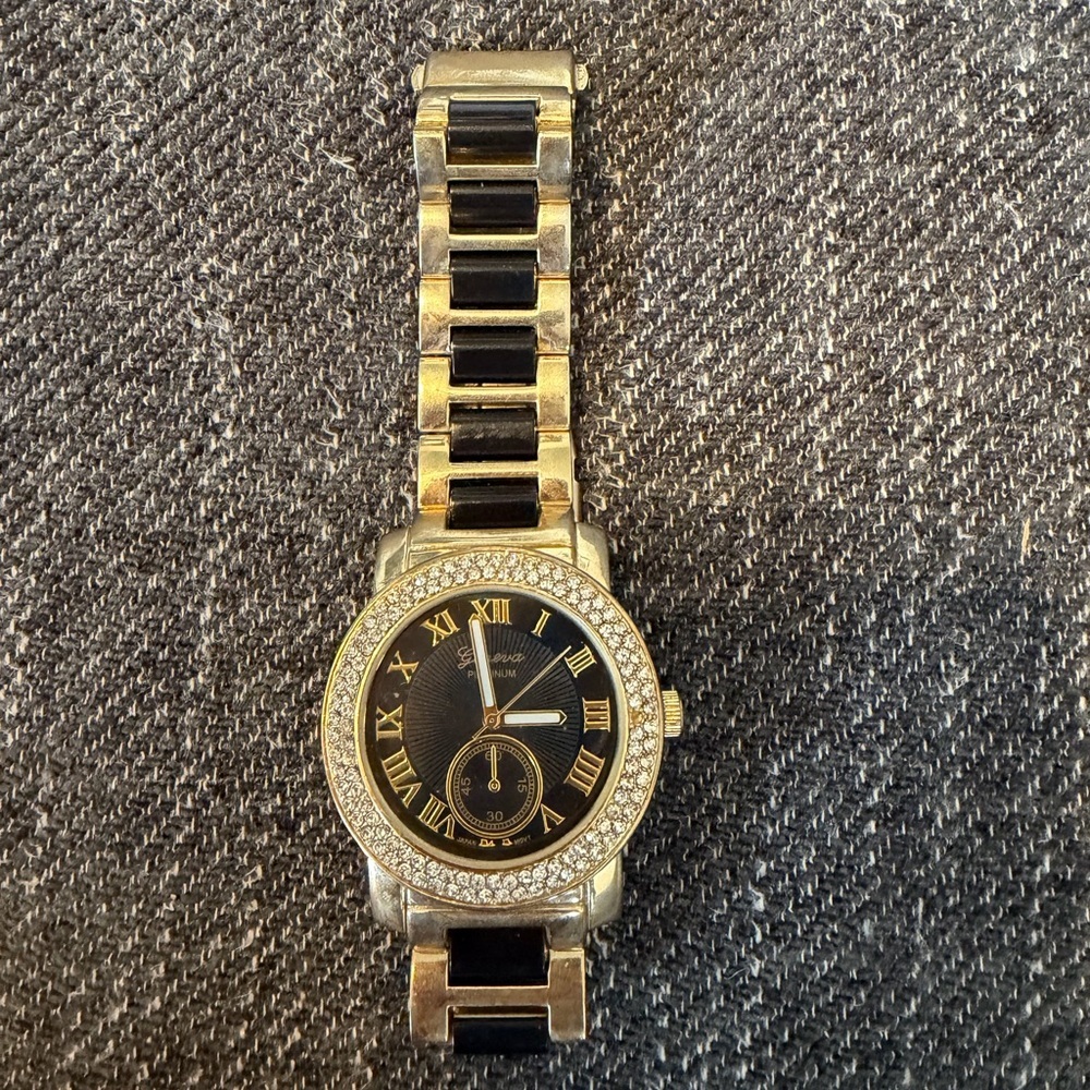 Geneva Platinum 4967 S/S Back Black Gold Tone Bling Bezel Japan Movt Black Face - Picture 2 of 6